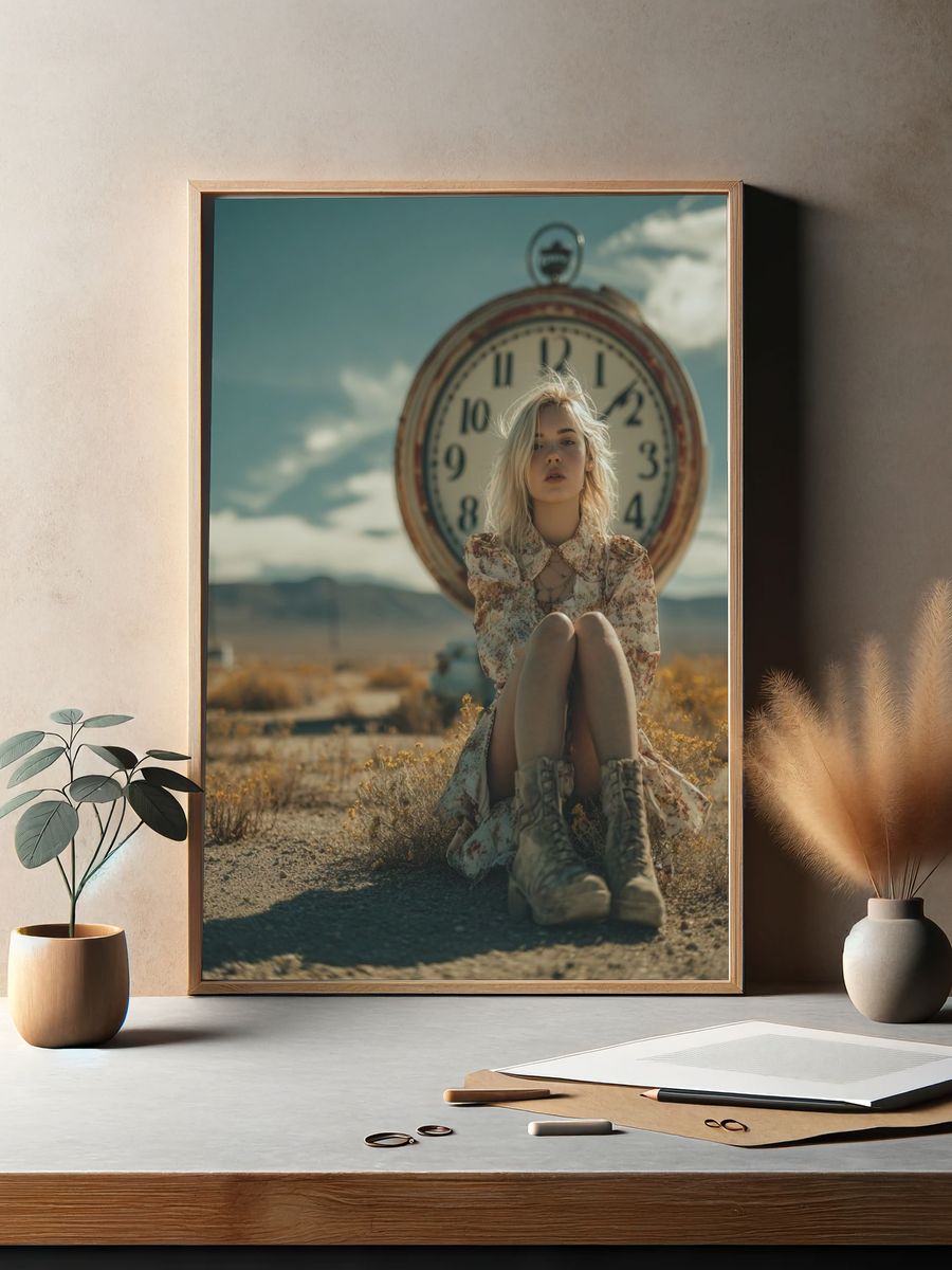 Woman Sitting by Vintage Clock — Photography Print. — room view 2
