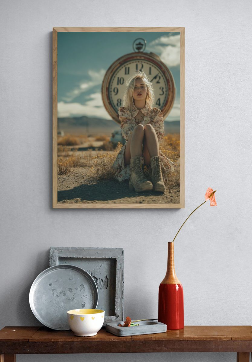 Woman Sitting by Vintage Clock — Photography Print. — room view 3