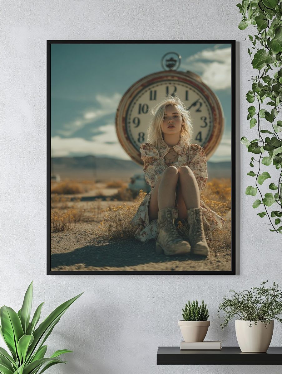 Woman Sitting by Vintage Clock — Photography Print. — room view 4