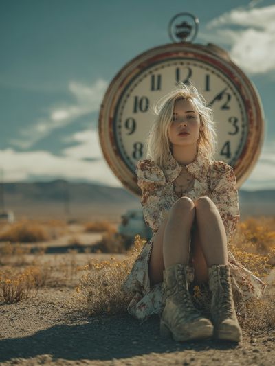 Woman Sitting by Vintage Clock — Photography Print. poster print