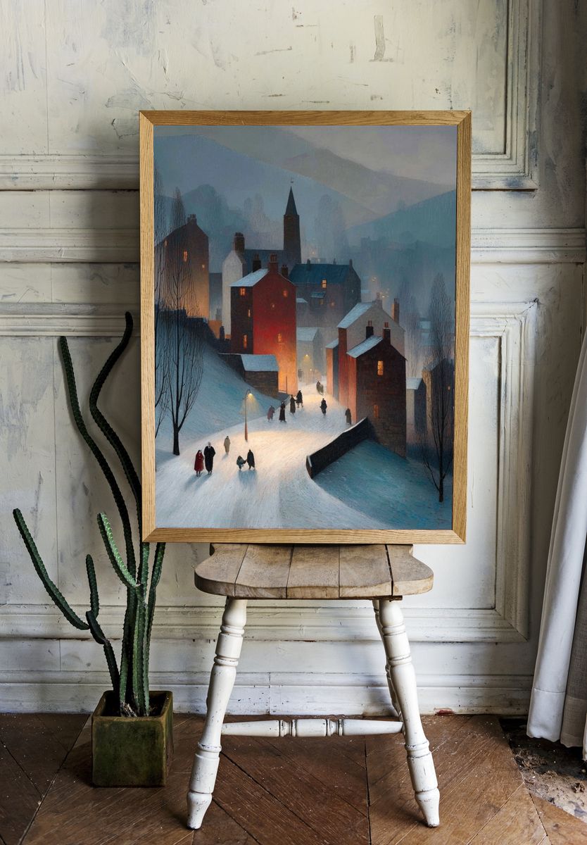 Winter Village Night — Fine Art Print. — room view 1