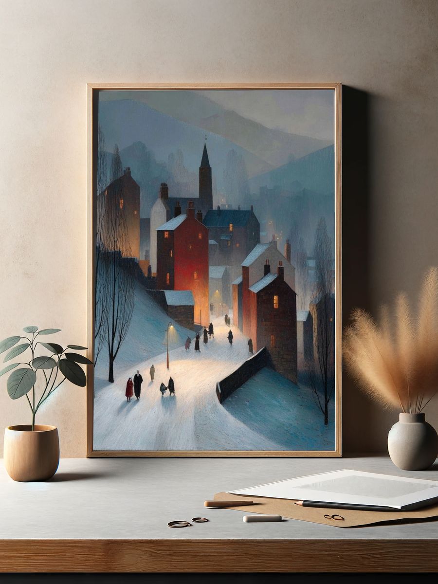 Winter Village Night — Fine Art Print. — room view 2
