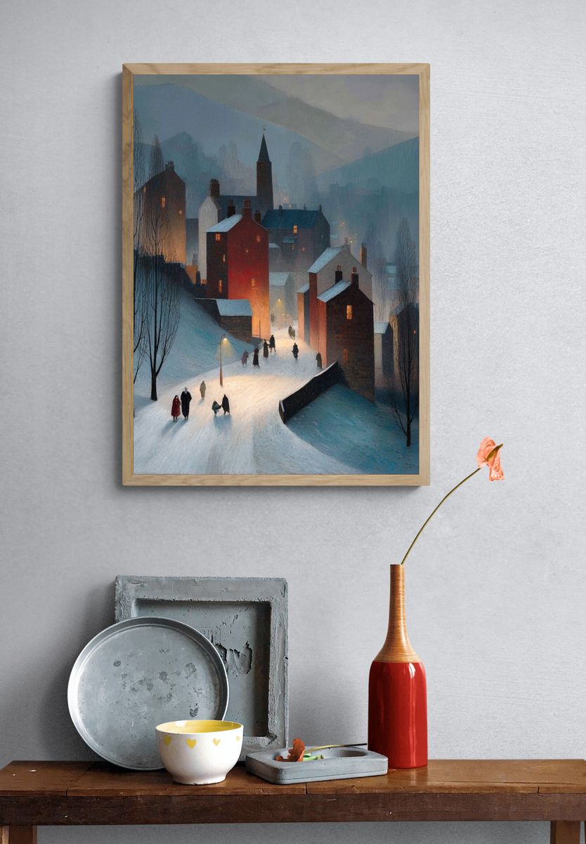 Winter Village Night — Fine Art Print. — room view 3