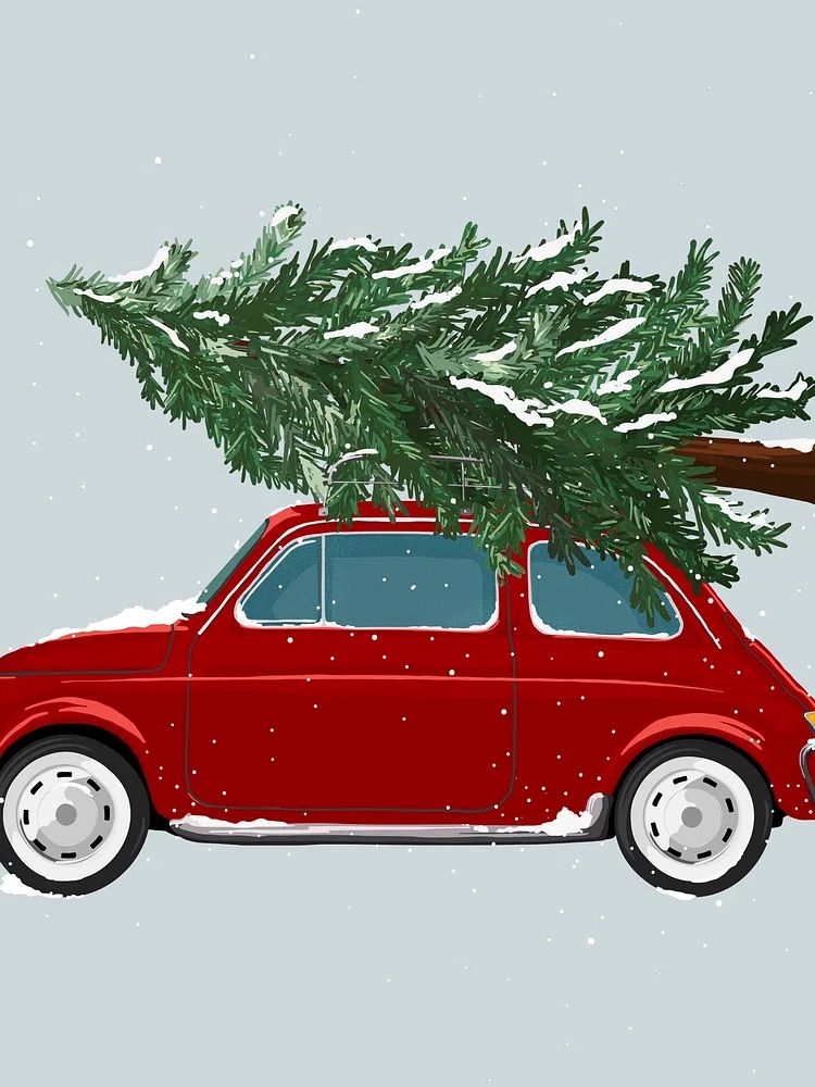 Red Car with Christmas Tree — Holiday Print. poster — illustration art