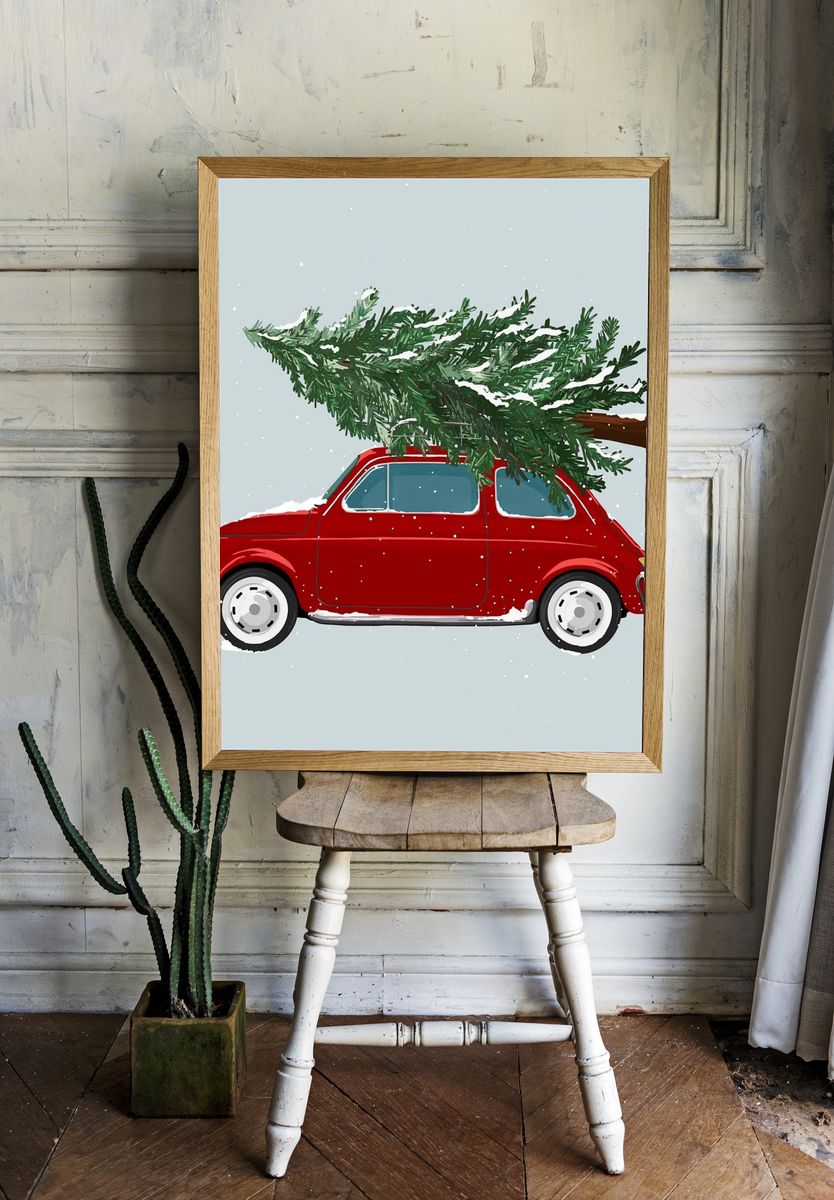Red Car with Christmas Tree — Holiday Print. — room view 1