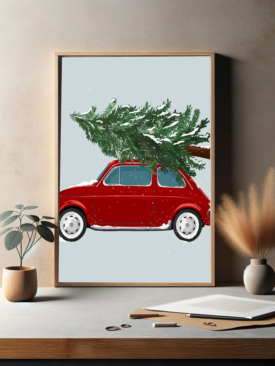 Red Car with Christmas Tree — Holiday Print. — room view 2
