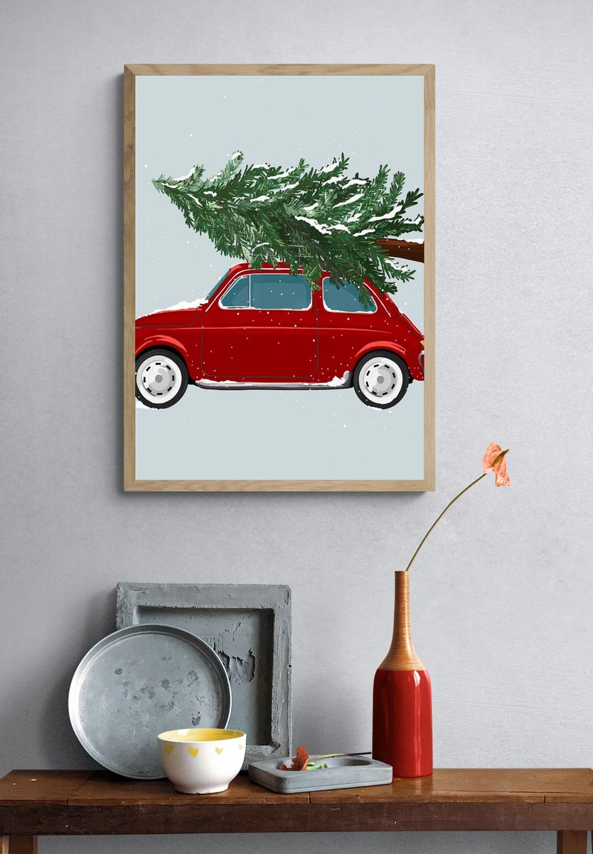 Red Car with Christmas Tree — Holiday Print. — room view 3