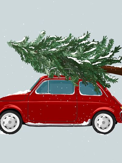 Red Car with Christmas Tree — Holiday Print. poster